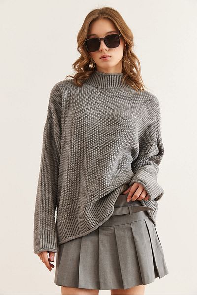 Olalook Women's Gray Collar Cuffed Honeycomb Knitwear Sweater Kzk- 19000825