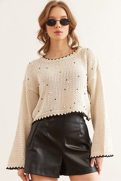 Olalook Damen Ecru Perle Detaillierte Karyoka Detaillierte durchbrochene Bluse BLZ- 19002842