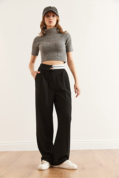 Olalook Kadın Siyah Bel Detaylı Cepli Pileli Poliviskon Bol Paça Pantolon PNT-19000303
