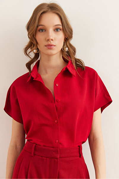 Olalook Kadın Bordo Yarasa Oversize Keten Gömlek GML-19001109