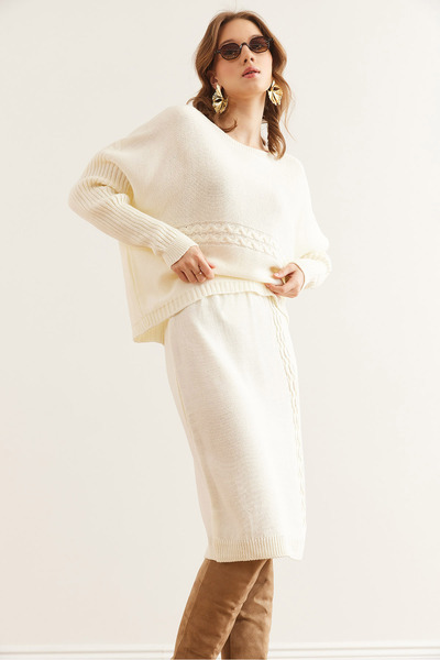 Olalook Women's Ecru Hair Knit Detailed Skirted Knitwear Set Tkm- 19000357