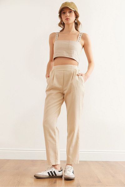 Olalook Women's Linen Pants - Stone Color, Guipure Detail, Pockets and Lace-Up Pnt- 19000316