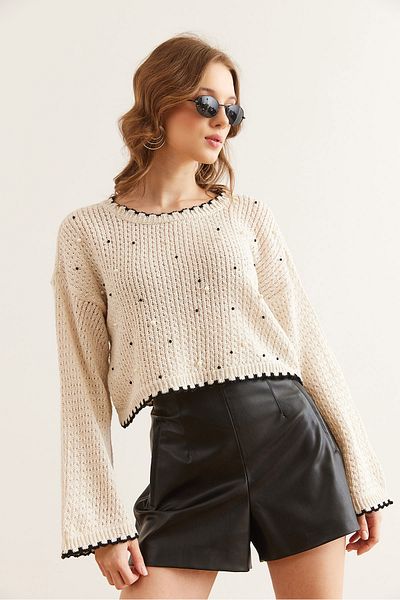 Olalook Damen Ecru Perle Detaillierte Karyoka Detaillierte durchbrochene Bluse BLZ- 19002842