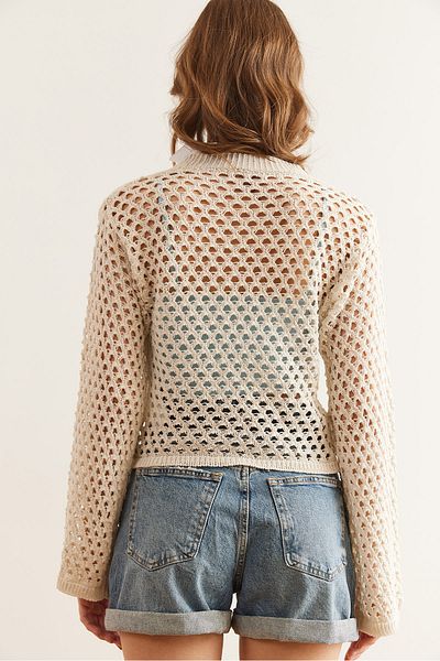Olalook Ecru Gold Openwork Cotton Knitwear Seasonal Cardigan - Hrk- 19000343