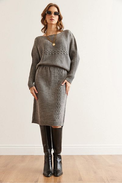 Olalook Women's Gray Hair Knit Detailed Skirted Knitwear Set Tkm- 19000357