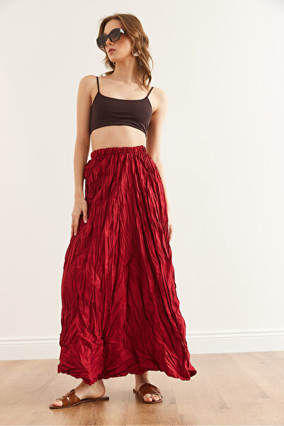 Olalook Women's Burgundy Wrinkled Maxi Woven Bell Skirt Etk- 19000300