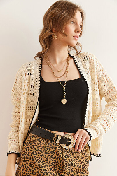 Olalook Kadın Ekru Karyoka Detaylı Ajurlu Triko Hırka HRK-19000340