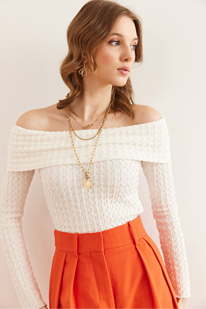 Olalook Women's White Madonna Collar Embossed Textured Blouse Blz- 19002845