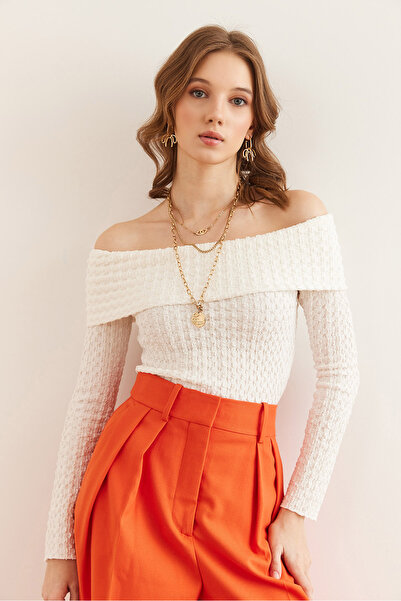 Olalook Women's White Madonna Collar Embossed Textured Blouse Blz- 19002845