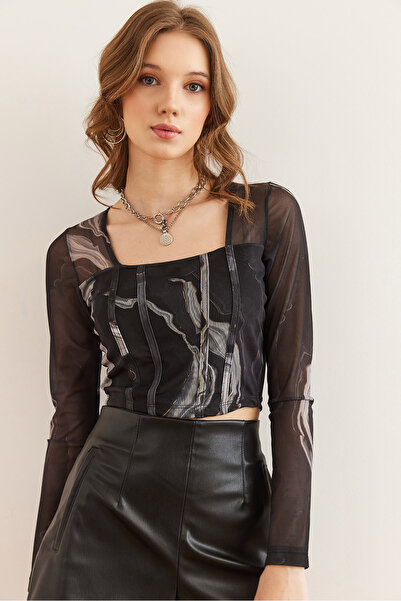 Olalook Women's Black Patterned Sewing Detailed Lined Crop Tulle Blouse Blz- 19002843