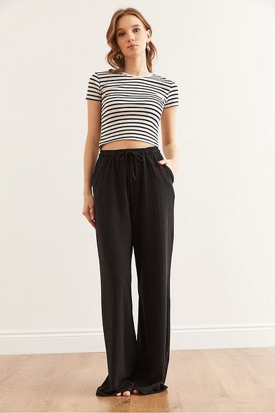 Olalook Schwarze, lockere, gerippte Pyjama-Unterseite – Schnür- und Taschen-PJMA- 0000003