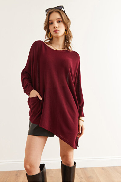Olalook Women's Burgundy Pocket Asymmetrical Cut Viscose Knitwear Blouse Blz- 19002851