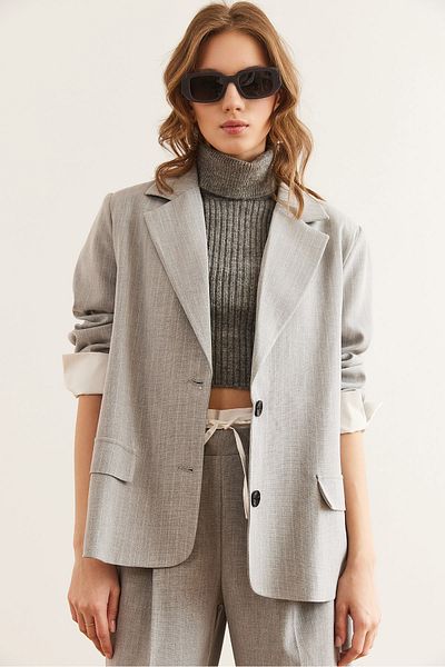 Olalook Women's Light Gray Cuff Detailed Fleto Pocket Lined Striped Blazer Jacket Ckt- 19000428