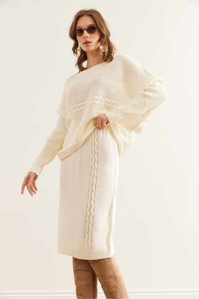 Olalook Women's Ecru Hair Knit Detailed Skirted Knitwear Set Tkm- 19000357