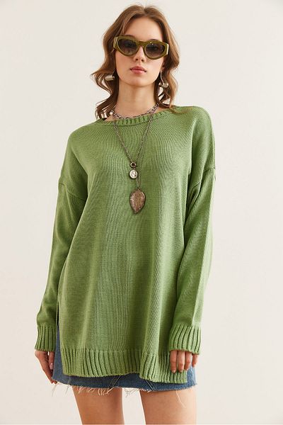 Olalook Green Crew Neck Slit Detailed Knitwear Sweater - Kzk- 19000968