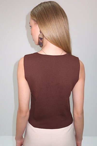 Trend Alaçatı Stili Women's Brown V-Neck Buttoned Summer Knitwear Vest Alc-X10402