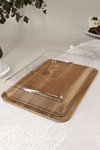Kitchen Life Plastic Lid Cake Bowl with Rectangular Wooden Stand - Cake Bowl - Storage Bowl