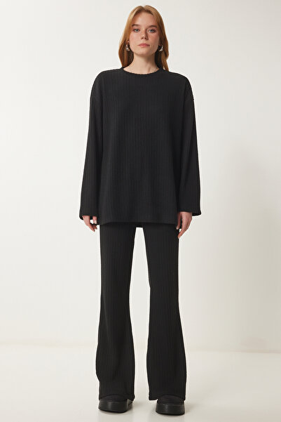 Happiness İstanbul Női fekete alkalmi bordás kötött blúz nadrágkosztüm RG00047