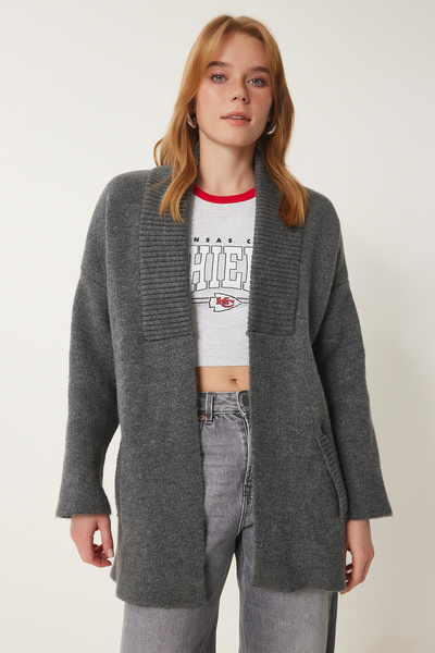 Happiness İstanbul Dámský šedý kapesní svetr s texturou PF00063