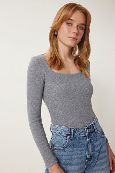 Happiness İstanbul Women's Gray Red Square Neck 2-Pack Knitted Blouse Gt00056