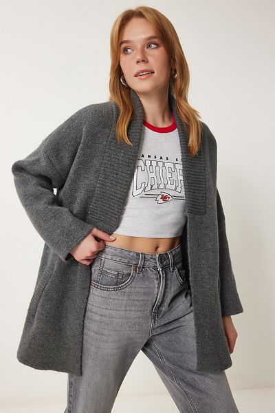 Happiness İstanbul Damen Strickjacke mit dicker, strukturierter Strickware und Tasche, grau, PF00063