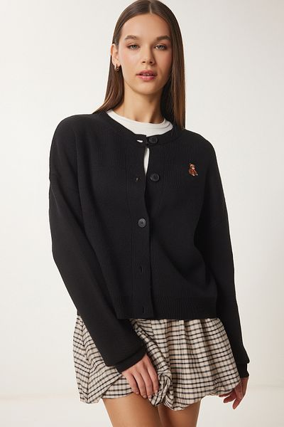 Happiness İstanbul Women's Black Teddy Bear Embroidered Buttoned Seasonal Knitwear Cardigan Dp00229