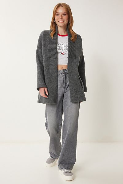 Happiness İstanbul Damen Strickjacke mit dicker, strukturierter Strickware und Tasche, grau, PF00063