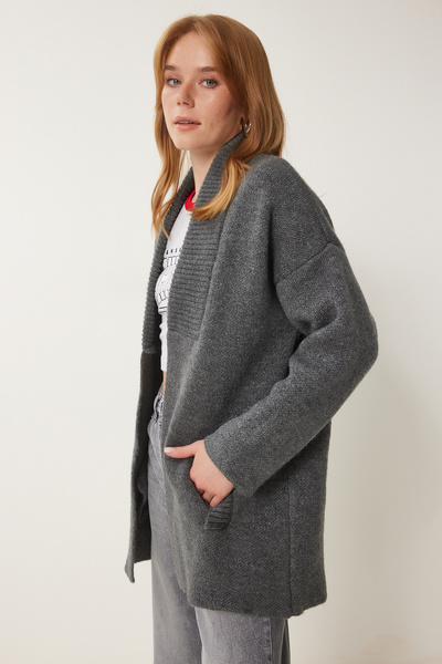 Happiness İstanbul Dámský šedý kapesní svetr s texturou PF00063