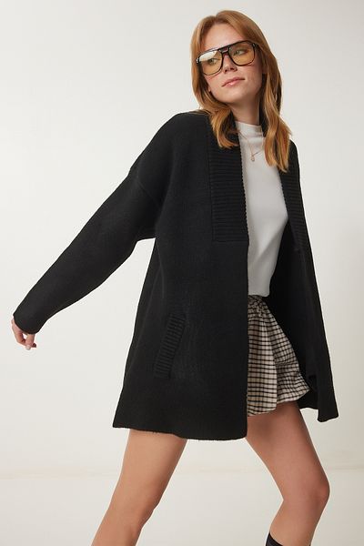 Happiness İstanbul Women's Black Pocket Thick Textured Knit Cardigan PF00063