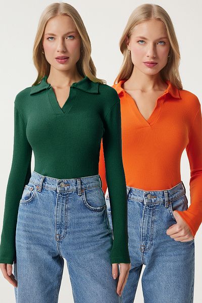 Happiness İstanbul Orange-grüne 2-teilige Strickbluse mit Rollkragen für Damen GT00232