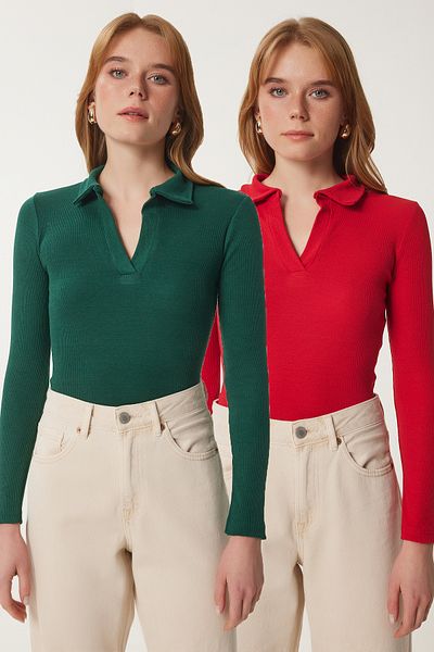 Happiness İstanbul Women's Green Red 2-Piece Polo Neck Ribbed Knitted Blouse Gt00232