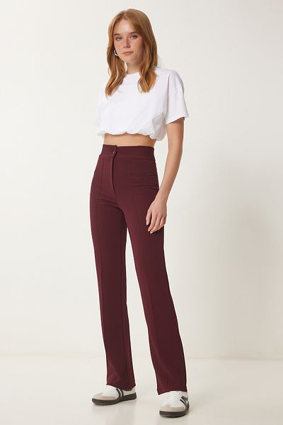 Happiness İstanbul Lässige Strickhose für Damen in Burgunderrot mit hoher Taille und Lycra RV00090