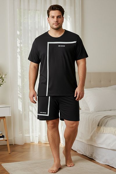 Trendyol Collection Černá sada pyžama Regular Fit s potiskem, pletené plus velikosti Tmnss25Ai00000