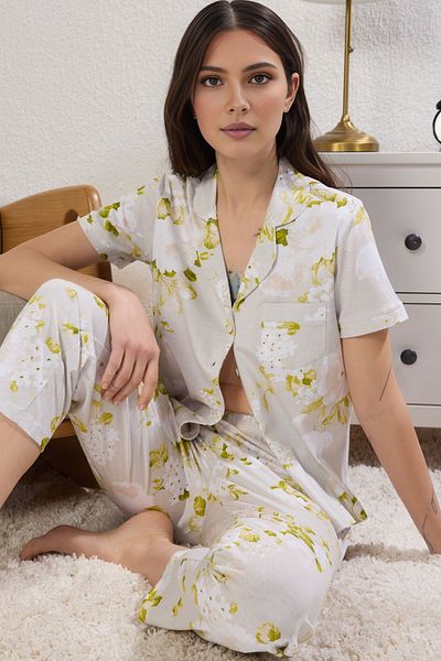 Trendyol Collection Gray 100% Cotton Floral Single Jersey Knitted Pajamas Set Thmss20Pt0062