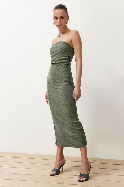 Trendyol Collection Stretchy Khaki Midi Pencil Dress - Strapless and Drawstring, Body-Fitting Twoss24El00287