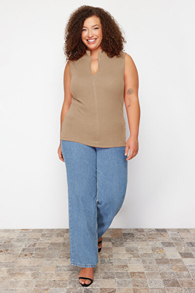 Trendyol Curve Μπεζ φερμουάρ 100% βαμβακερή καμιζόλα πλεκτή μπλούζα μεγάλου μεγέθους TBBSS24AF00040