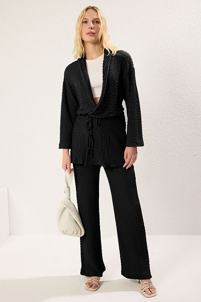 Trendyol Collection Wide Leg Black Knitted Set - Textured Wrap Twoss25Au00007