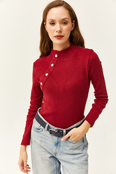 Olalook Women's Claret Red Button Detailed Half Fisherman Lycra Blouse BLZ-19001608