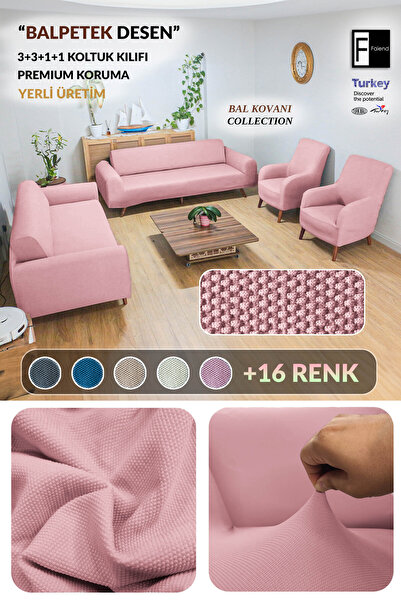 Faiend Balpeteği 3+3+1+1 PUDRA RENGİ lastikli kanepe örtüsü | lastikli koltuk örtüsü | koltuk kılıfı takımı