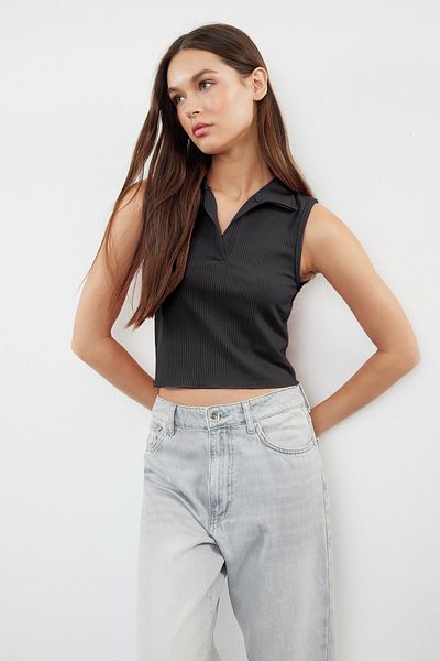 Trendyol Collection Πλεκτή μπλούζα με λαιμόκοψη από ανθρακί πόλο - ελαστικό σώμα, TWOSS22BZ0335