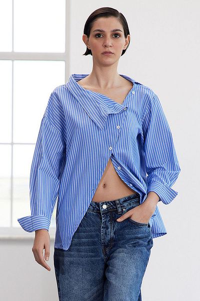 Trendyol Collection Limitált kiadás - Kék galléros csíkos szőtt ing TWOAW25GO00065