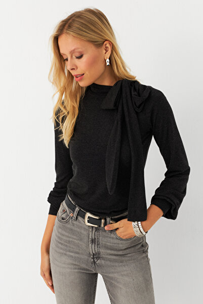 Cool & Modest Γυναικεία μπλούζα με δέσιμο λαιμού ανθρακί MEY2993