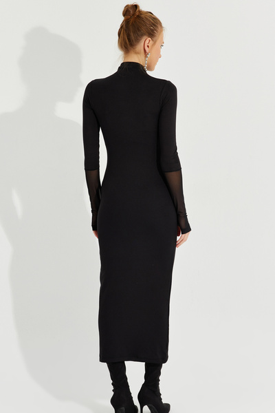 Cool & Modest Γυναικείο Μαύρο Τούλι Λεπτομερές Μίντι Φόρεμα