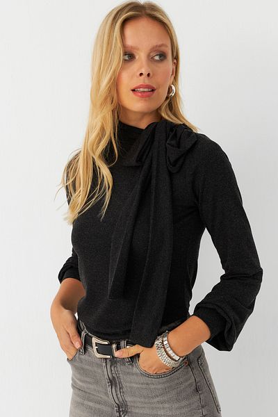 Cool & Modest Γυναικεία μπλούζα με δέσιμο λαιμού ανθρακί MEY2993