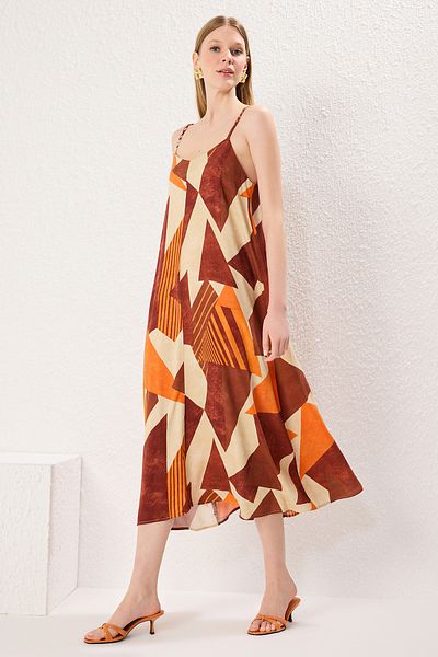 Trendyol Collection Καφέ γεωμετρικό ίσιο φόρεμα μίντι υφαντό TWOSS25EL00044