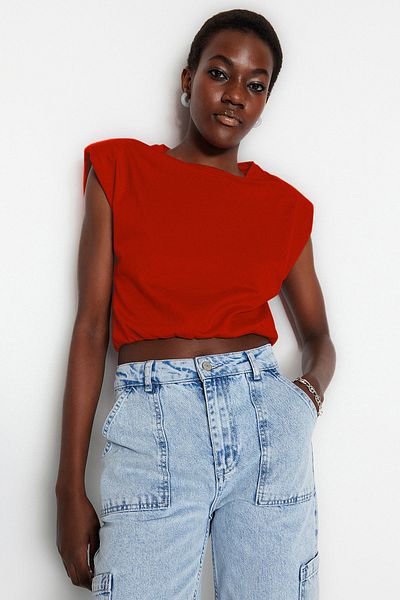 Trendyol Collection Red Crop Crew Neck 100% Cotton T-Shirt - Twoss21Ts0379