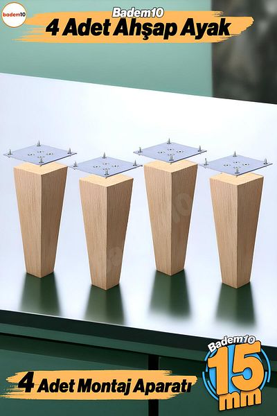 Badem10 Picioare din lemn 4 bucăți 15 cm cu atașament pătrat inclus Mobilier Fotoliu Canapea Masă de cafea Picioare pentru picioare de masă