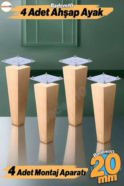 Badem10 Picioare din lemn 4 bucăți 20 cm cu atașament pătrat inclus Mobilier Fotoliu Canapea Masă de cafea Picioare pentru picioare de masă