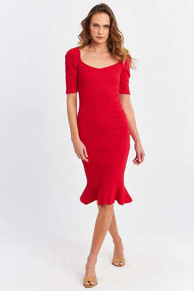 Cool & Sexy Rotes Midikleid – Rock mit Ballonärmeln und Volants Yİ2244