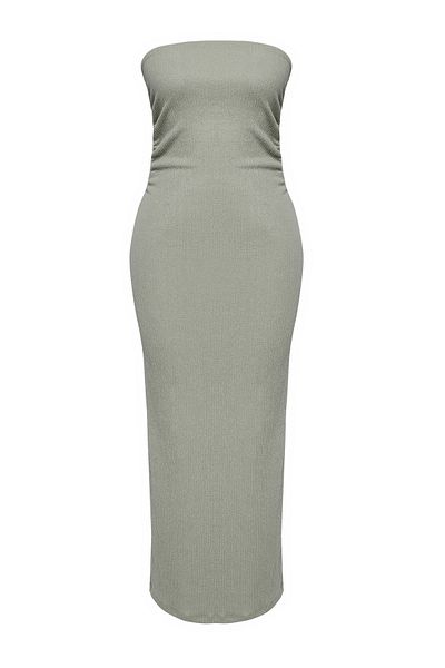 Trendyol Collection Dehnbares, khakifarbenes, gestricktes Midikleid – trägerloses und gerafftes, körperbetontes Bleistiftkleid, Modell TWOSS24EL00287